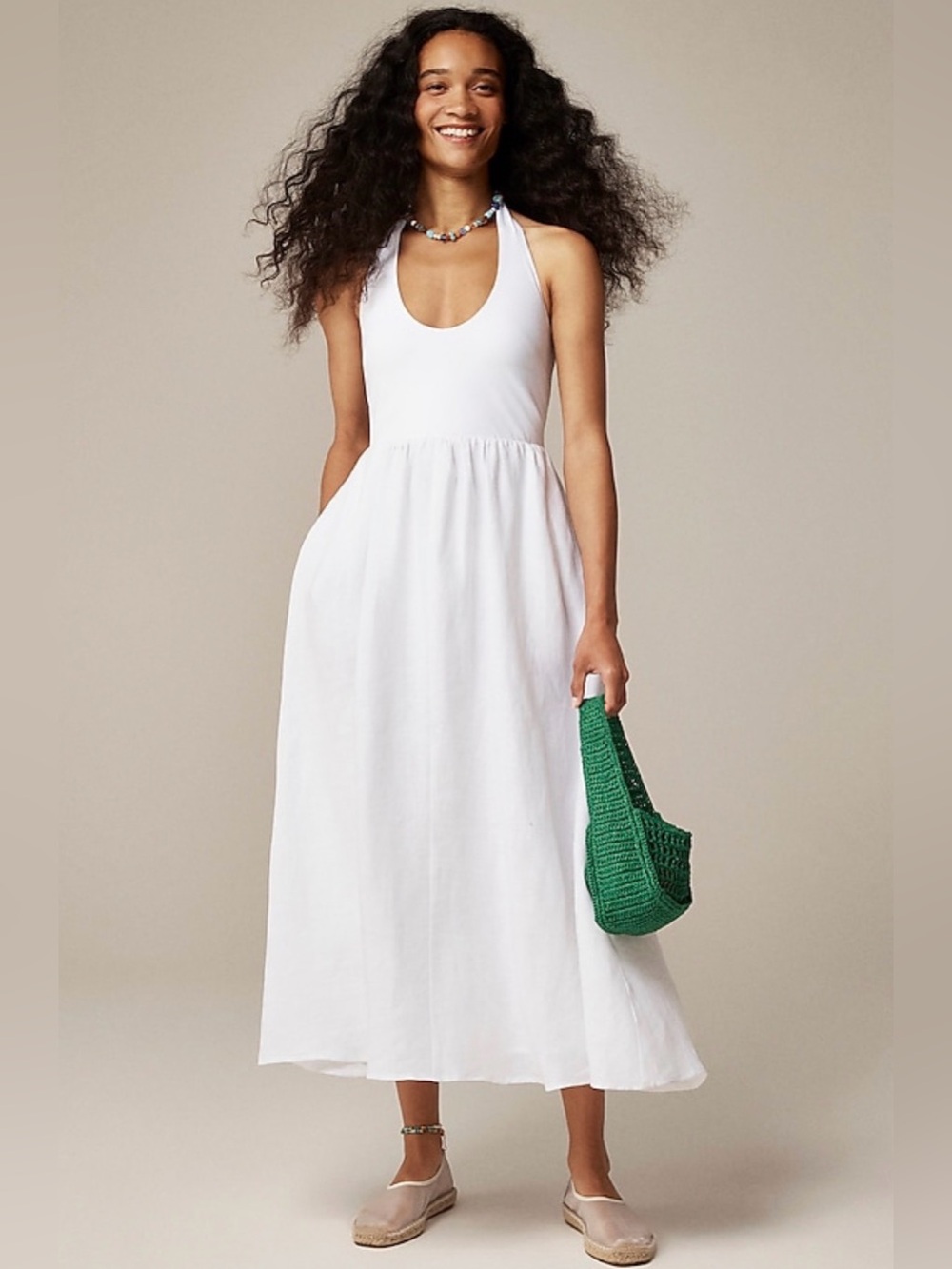 J.Crew Mixy Halter Dress Women S White Linen Cotton Maxi Pockets NWT - Picture 3 of 12